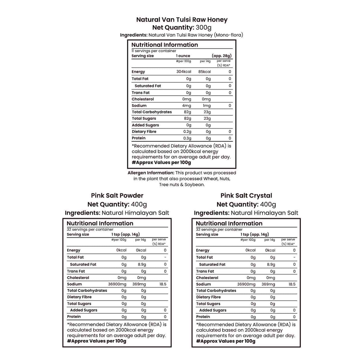 Barsana Magic and Nutritional information labels for Natural Van Tuile Raw Honey, Pink Salt Powder, and Pink Salt Crystal on a white background.