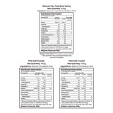 Barsana Magic and Nutritional information labels for Natural Van Tuile Raw Honey, Pink Salt Powder, and Pink Salt Crystal on a white background.