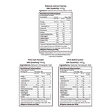 Barsana Magic and Nutritional information labels for Natural Jamun Honey, Pink Salt Powder, and Pink Salt Crystal on a white background.