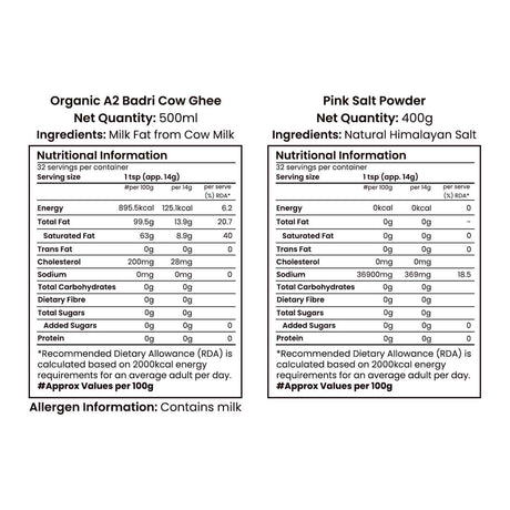 Barsana Magic and Nutritional information labels for Organic A2 Badri Cow Ghee and Pink Salt Powder on a white background.
