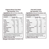 Barsana Magia and  Nutritional information labels for Organic Bilona Cow Ghee and Pink Salt Crystals on a white background.