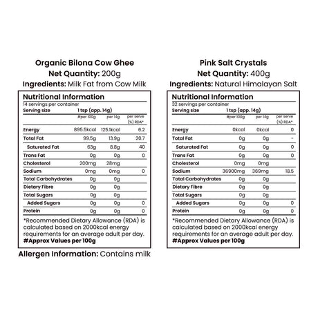 Barsana Magia and  Nutritional information labels for Organic Bilona Cow Ghee and Pink Salt Crystals on a white background.