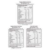 Barsana Magic and Nutritional information labels for Organic Wild Forest Honey, Organic Bilona Cow Ghee, and Pink Salt Crystal on a white background.