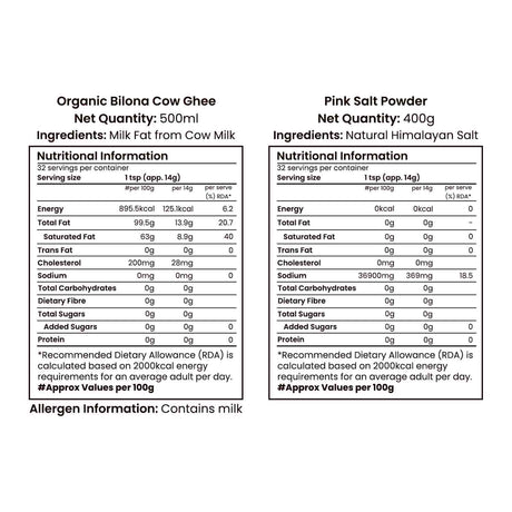 Barsana Magic and Nutritional information labels for Organic Bilona Cow Ghee and Pink Salt Powder on a white background.