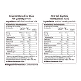 Barsana Magic and  Nutritional information labels for Organic Bilona Cow Ghee and Pink Salt Crystals on a white background.