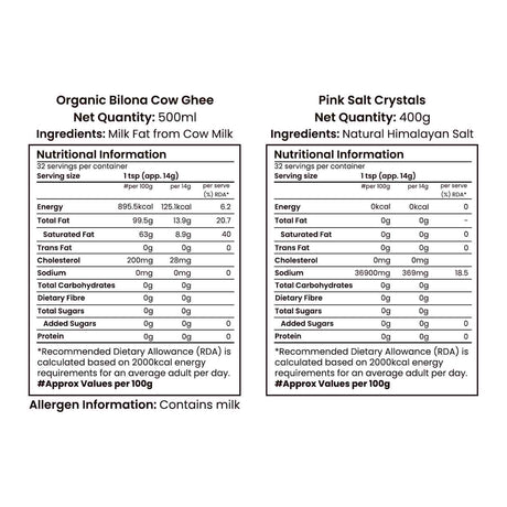 Barsana Magic and  Nutritional information labels for Organic Bilona Cow Ghee and Pink Salt Crystals on a white background.