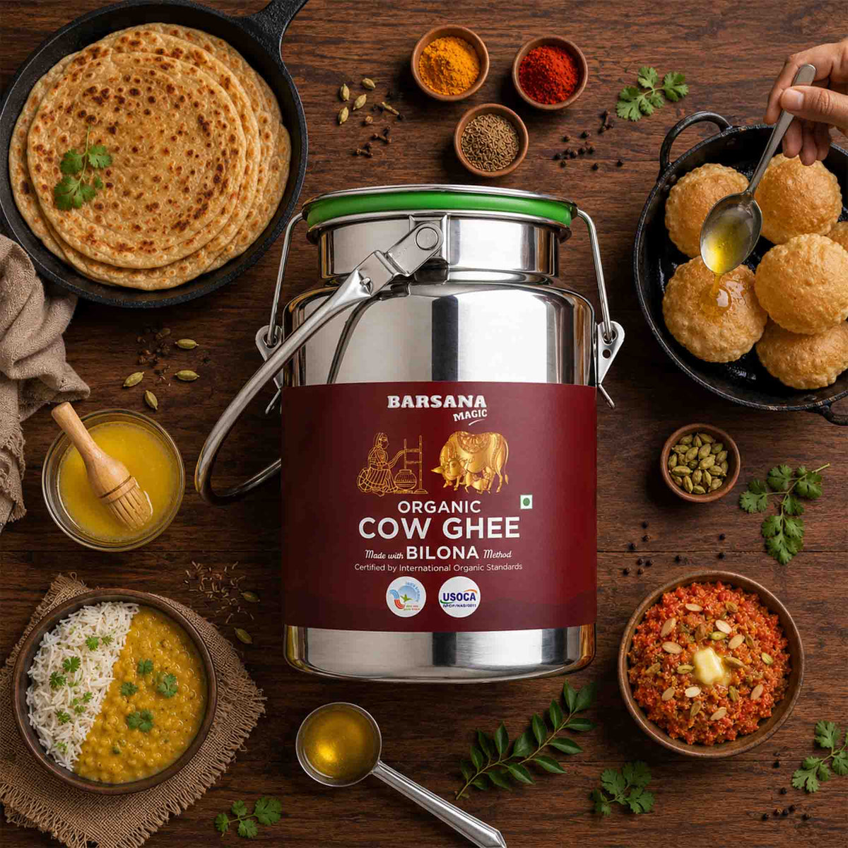 Barsana Magic and A large stainless steel container of Barsana Organic Cow Ghee is arranged on a wooden table surrounded by traditional Indian food items like roti, puri, and various spice powders. A hand is shown drizzling ghee over the puri on the right side.