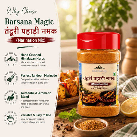 Barsana Magic and Tandoori Pahadi Namak (Marination Mix) in a clear plastic jar with a red lid, shown on a rustic wooden table with food props and a white informational panel on the left.