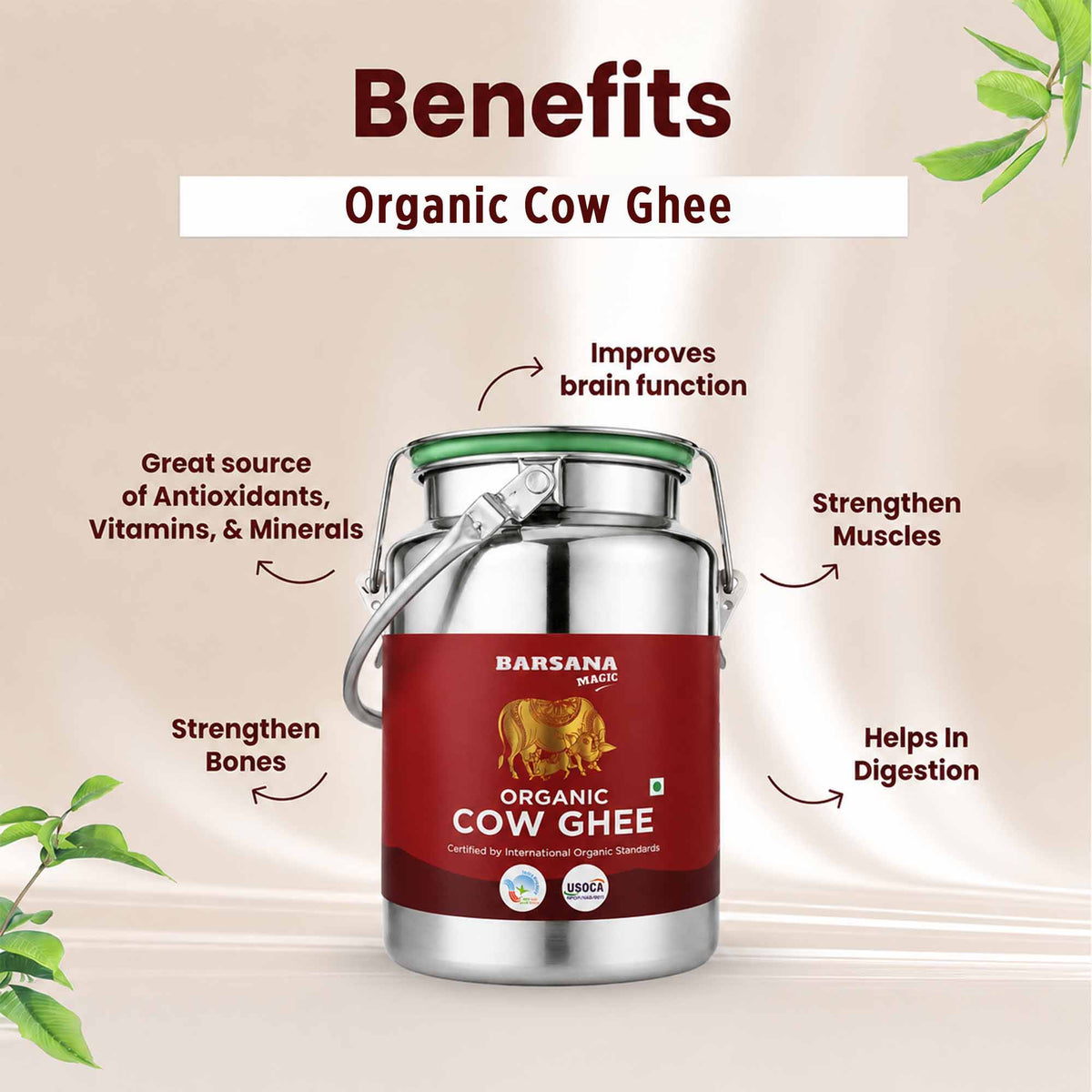 Barsana Magic and A promotional graphic for Barsana Organic Cow Ghee showing a stainless steel canister with a red label and green lid, surrounded by text highlighting health benefits and decorative green leaves on a beige background.
