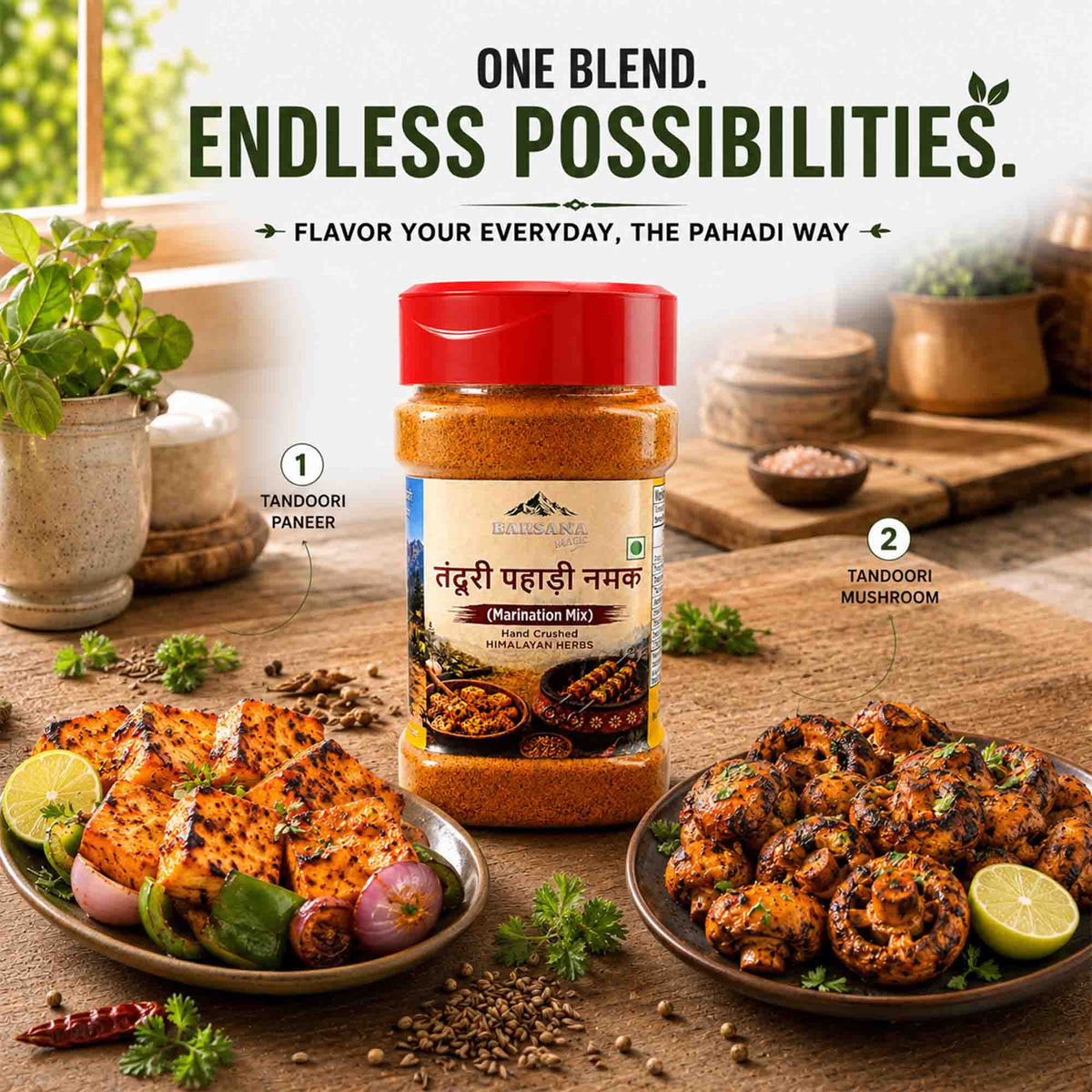 Barsana Magic and A bottle of Tandoori Masala seasoning mix is centered on a rustic table, flanked by plated cooked chicken dishes. The scene includes marketing text at the top and numbered callouts pointing to the bottle and the food preparations.