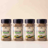 Barsana Magic and Four jars of Rawatna Namak (Coconut Coated Himalayan Pink Salt) arranged in a row against a light beige background. The clear plastic jars show the brownish salt inside, with white labels featuring green and black text, and black lids.