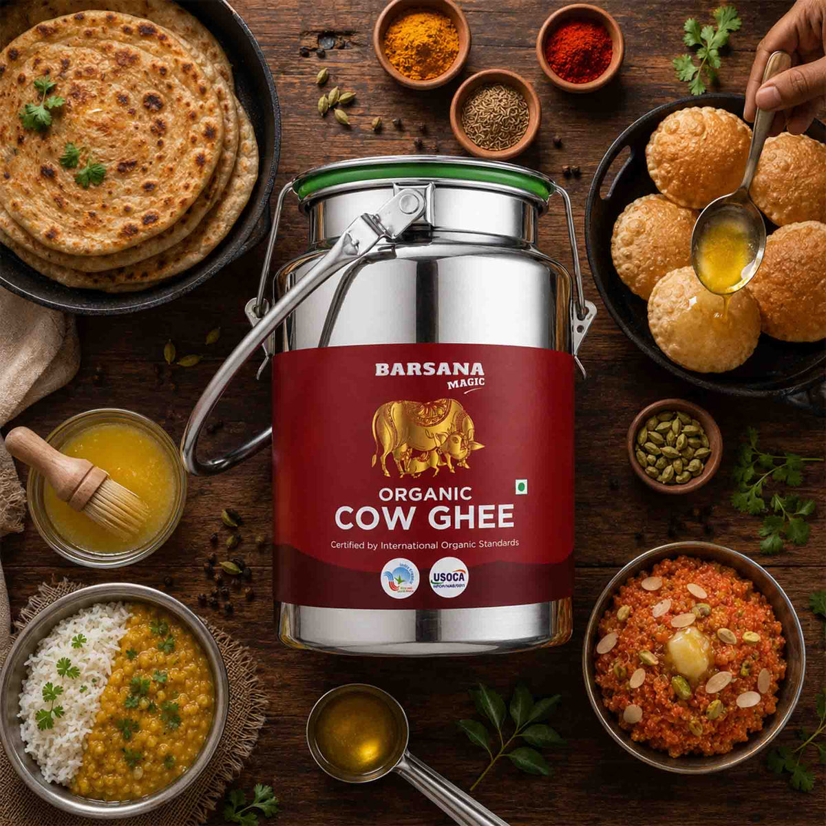 Barsana Magic and A large stainless steel canister of Barsana Magic Organic Cow Ghee sits on a dark wooden table surrounded by traditional Indian food dishes including roti, paneer, and raita. A hand is visible holding a spoon with ghee near the top right.