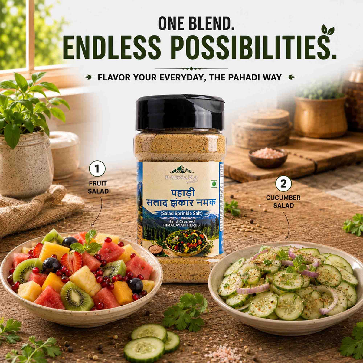 Barsana Magi and A jar of Pahalidhuna Salted Spinach Salt is displayed in a kitchen setting between two bowls of salad, with text overlays showing its use for fruit salad and cucumber salad.