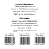 Barsana Magic and Product label with processing and packaging details at Alpha Milk Foods Pvt Ltd and Sanjeevani Agrofoods Limited.