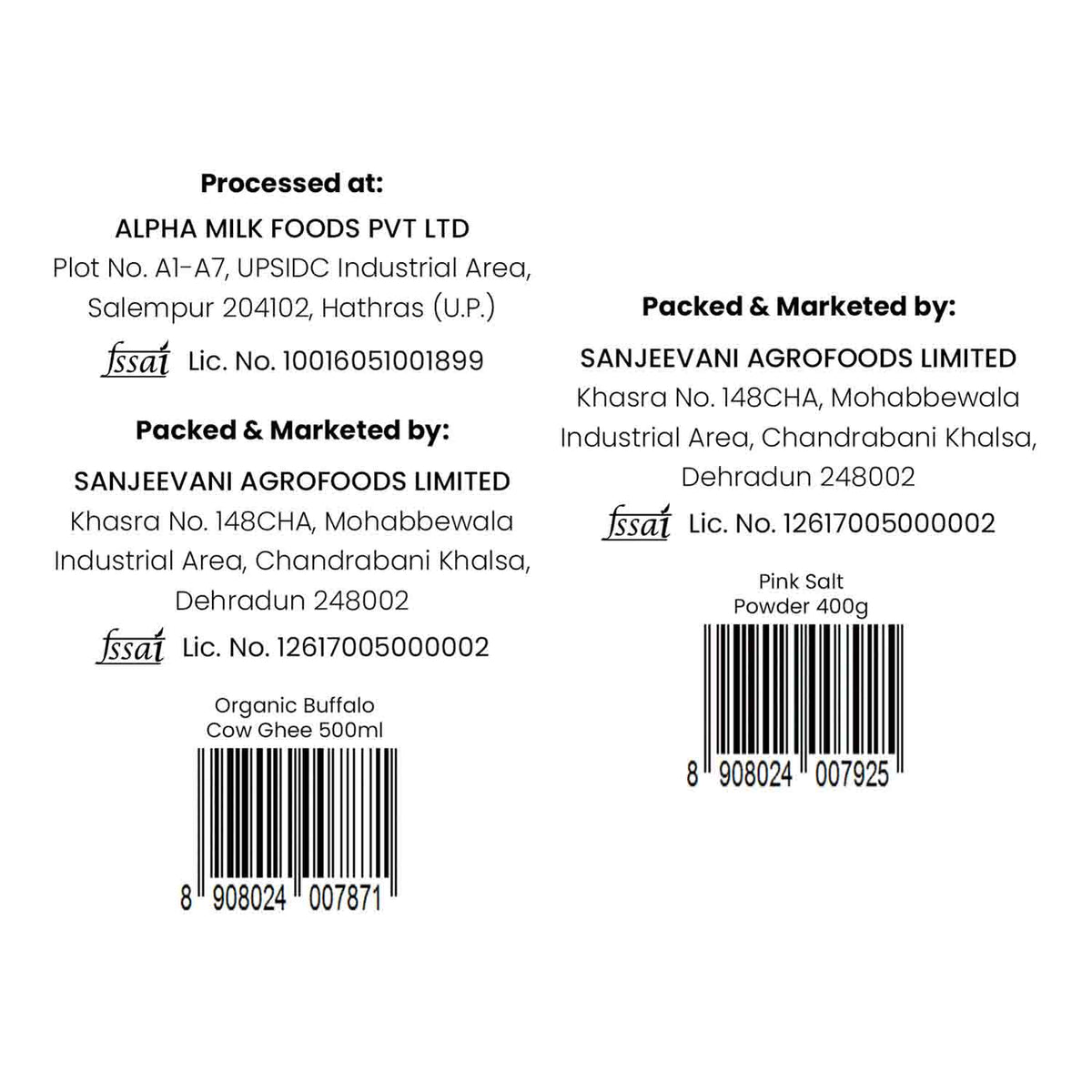 Barsana Magic and Back of a packaging label with processing and packing details for Sanjeevani Agrofoods Limited.