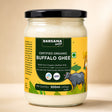 Barsana Magic and A 500ml glass jar of Barsana Magic Certified Organic Buffalo Ghee, filled with off-white ghee and featuring a black lid and a yellow label with a dark green central panel.