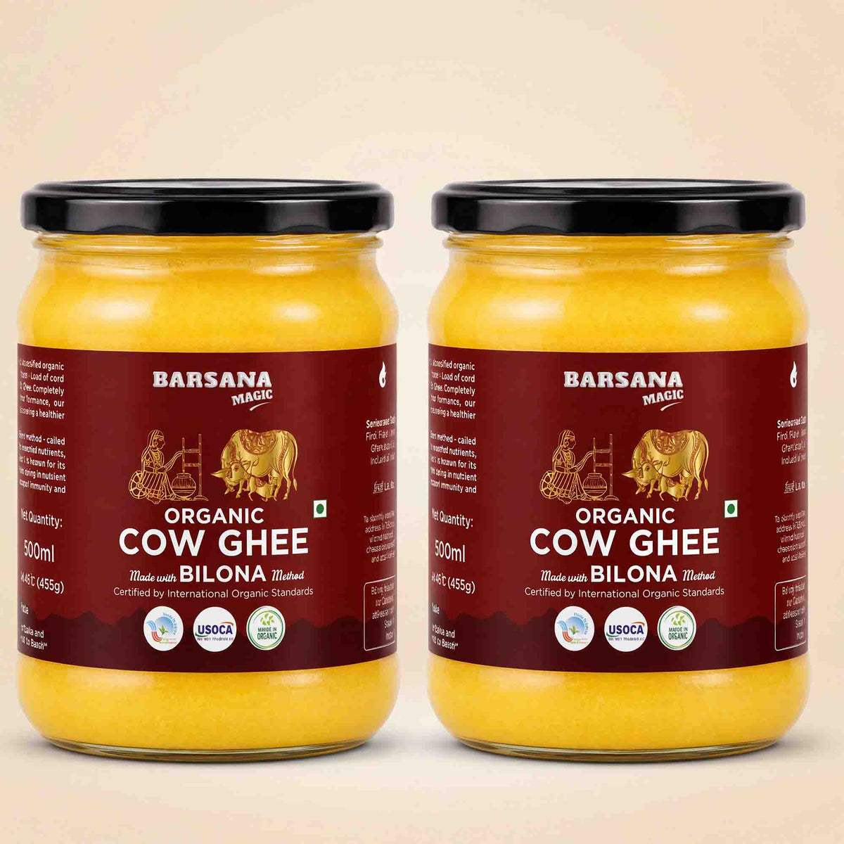 Barsana Magic and Two jars of Barsana Magic Organic Cow Ghee (Bilona Mild) side by side on a light beige background.
