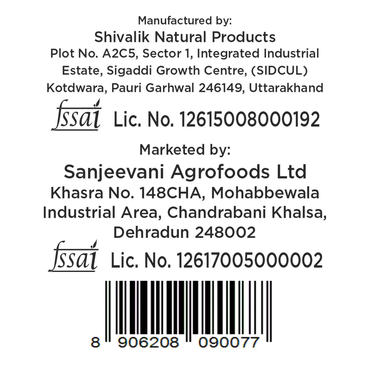 Barsana Magic and Product label with Shivalik Natural Products and Sanjeevani Agrofoods Ltd information, FSSAI licenses, and a barcode.