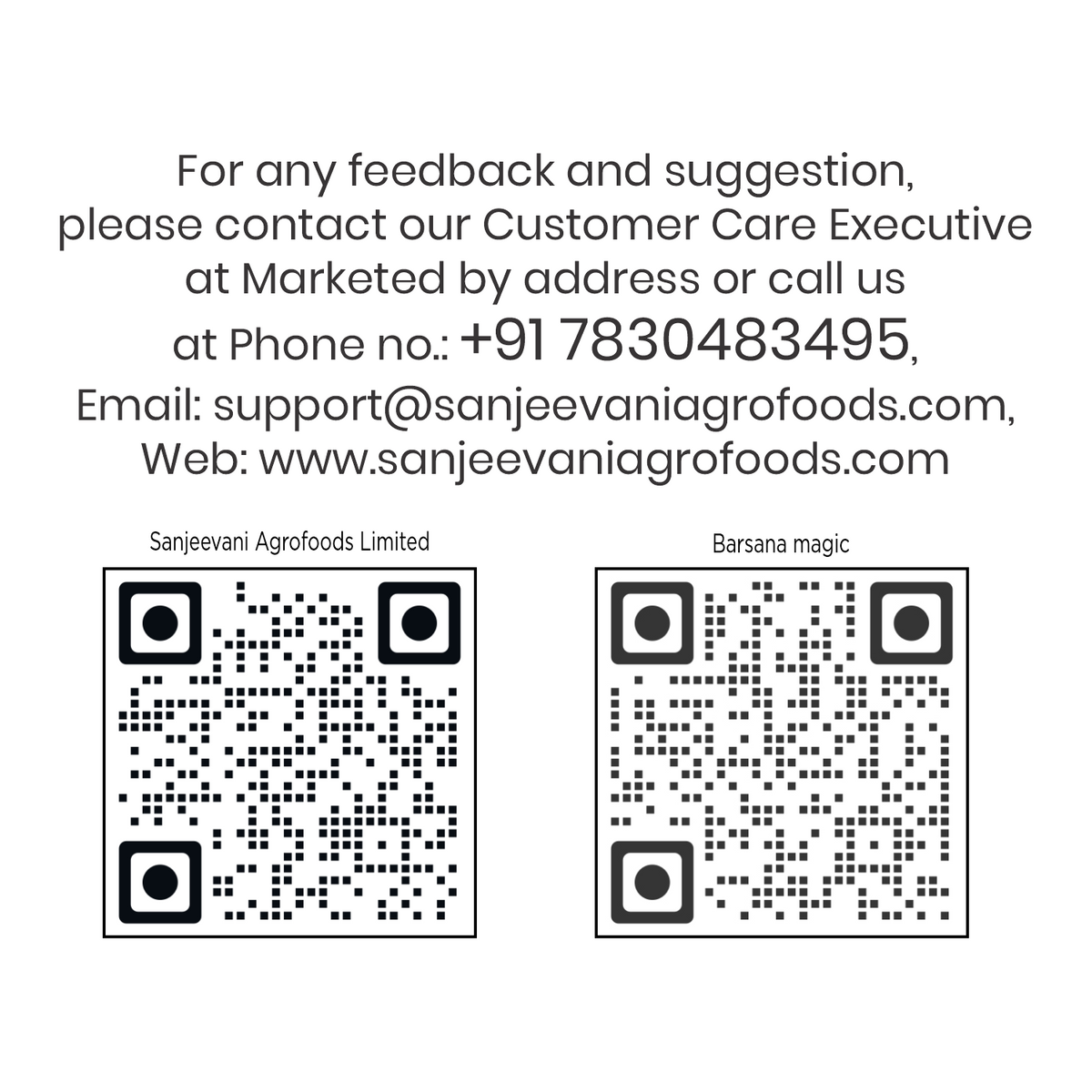 Barsana Magic and  Contact information for Sanjeevani Agrofoods Limited with QR codes on a white background.