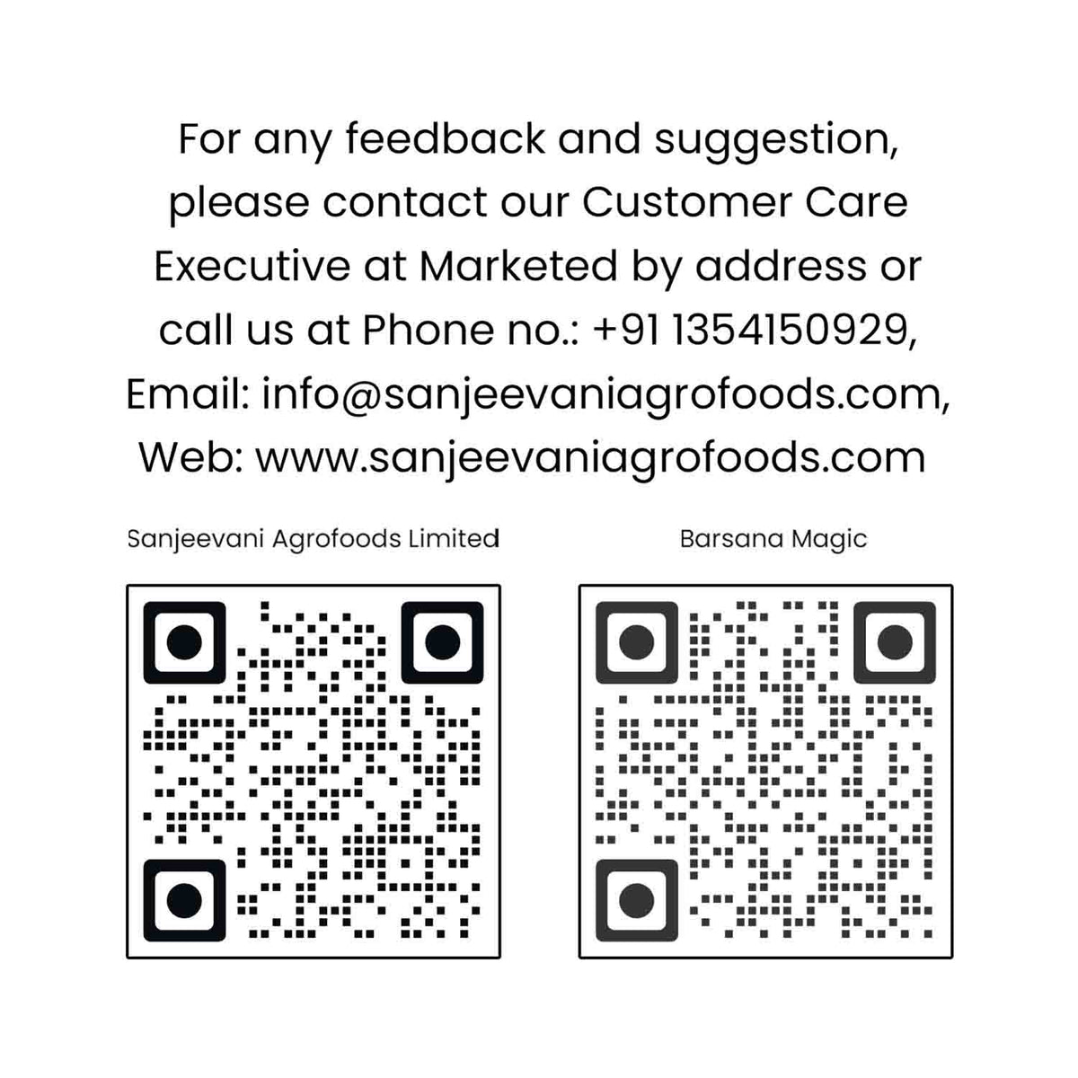 Barsana Magic and  Contact information for Sanjeevani Agrofoods Limited with QR codes on a white background