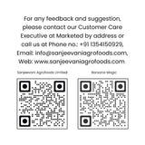Barsana Magic and Contact information for Sanjeevani Agrofoods Limited with QR codes on a white background