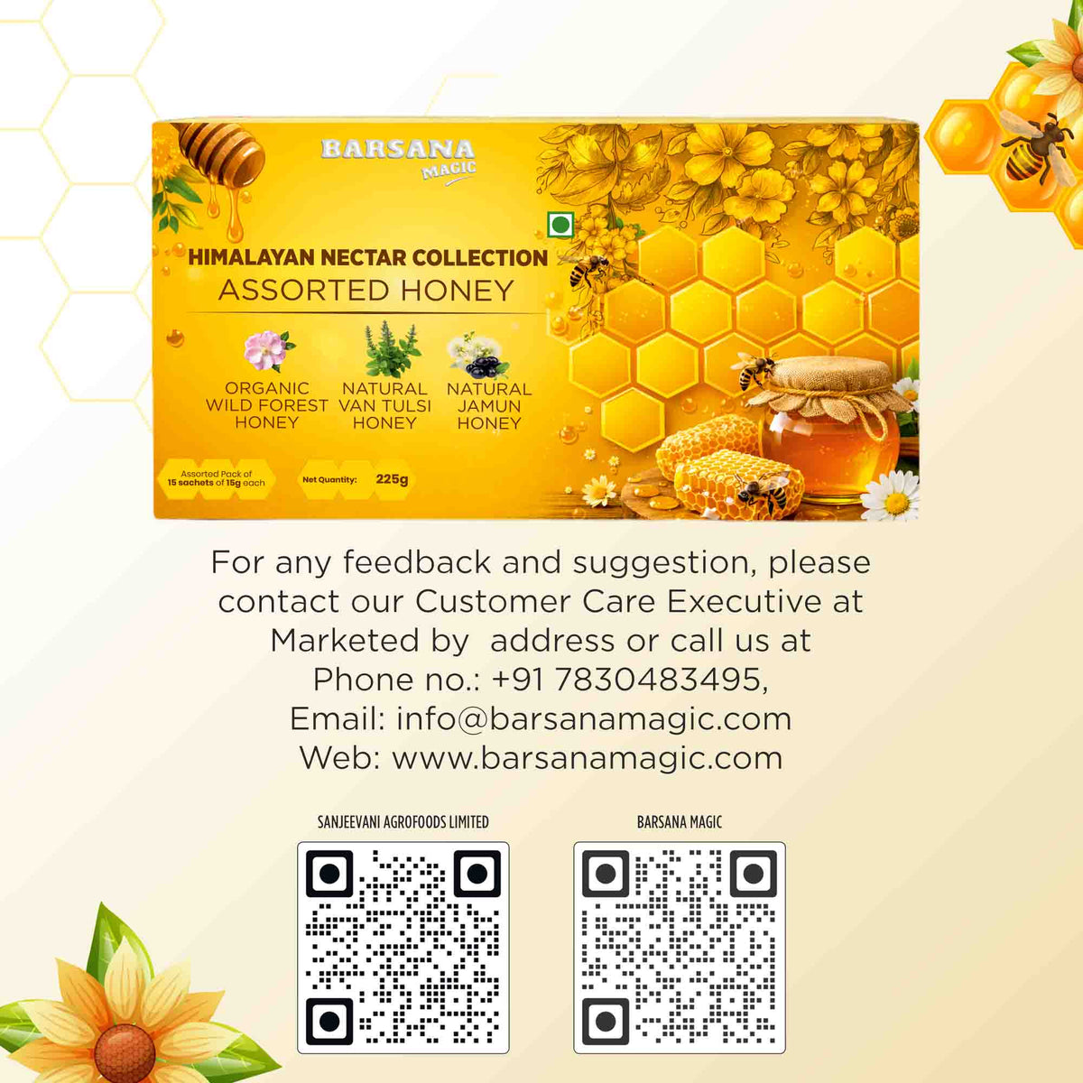 Barsana Magic and Honey packaging with floral and bee designs on a yellow background