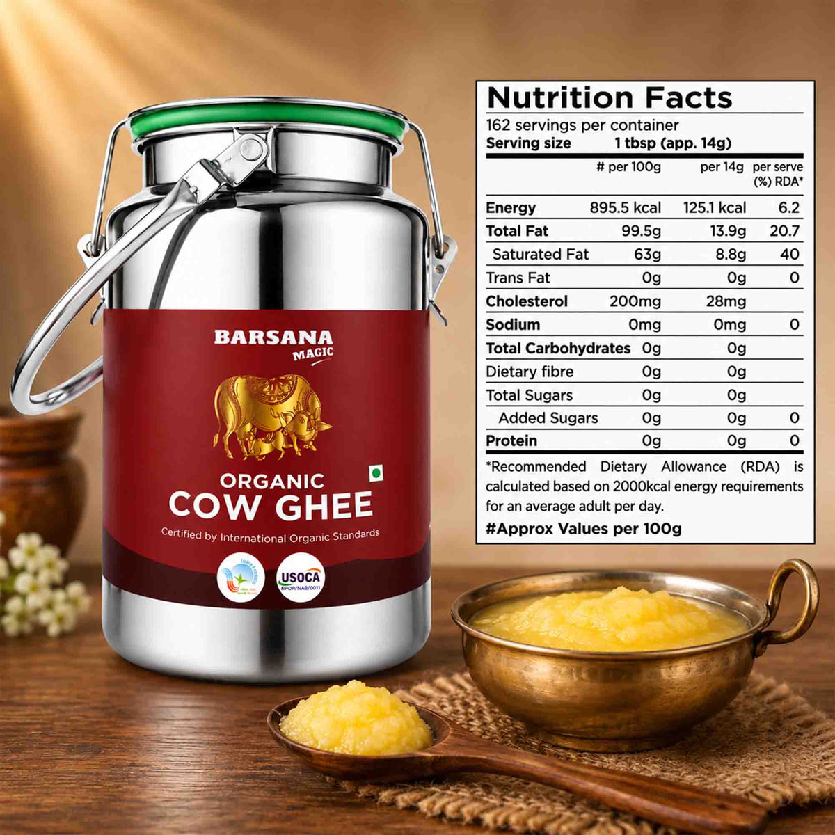Barsana Magic and A large stainless steel container of Barsana Made Organic Cow Ghee with a red label and green lid, shown on a wooden surface beside a bowl of yellow ghee, a spoonful, and a nutrition facts panel.