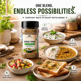 Barsana Magic and A jar of Rayta Namak (Cumin Mix Salt) is displayed on a rustic wooden table surrounded by bowls of food, including rice, dal, toast, and a fruit salad, with text overlays explaining its culinary uses.