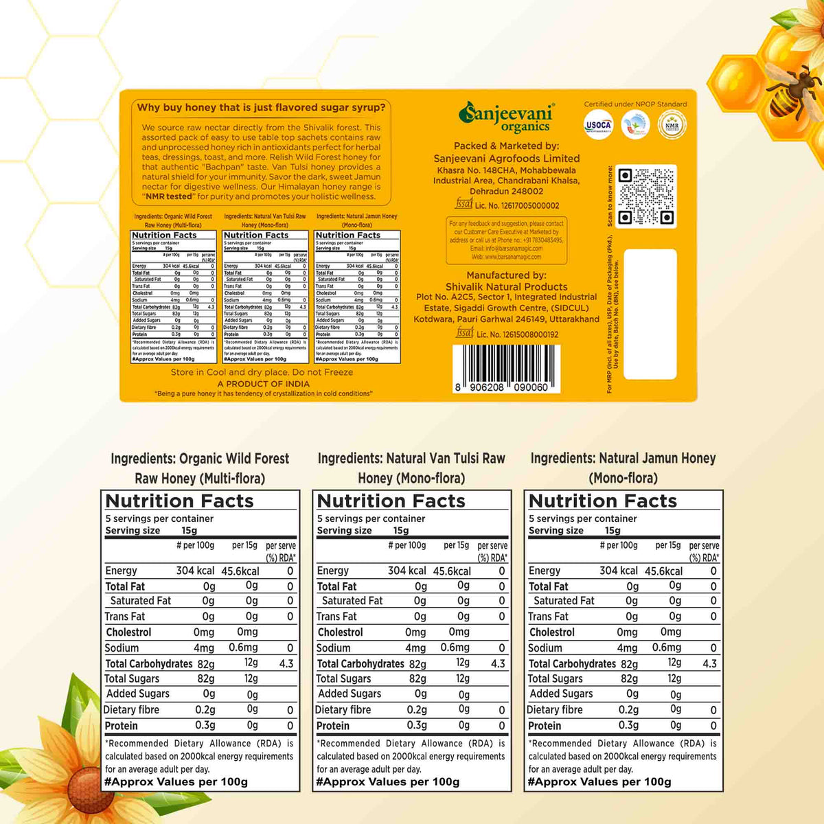 Barsana Magic and Sanjeevani Organics honey packaging with nutrition facts and ingredient list.