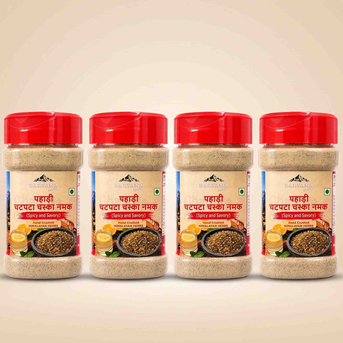 Barsana Magic and Four plastic spice jars with red caps arranged in a row on a light beige background. The labels are in Hindi and show a product called 'Pahli Chappata Chalka Namak' (Spicy and Savory) with a photo of cooked chickpea flour.