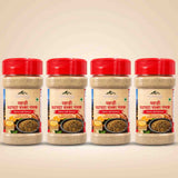 Barsana Magic and Four plastic spice jars with red caps arranged in a row on a light beige background. The labels are in Hindi and show a product called 'Pahli Chappata Chalka Namak' (Spicy and Savory) with a photo of cooked chickpea flour.