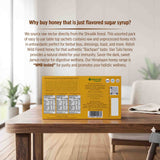 Barsana Magic and  Box of honey on a wooden table with text about honey quality and sourcing.
