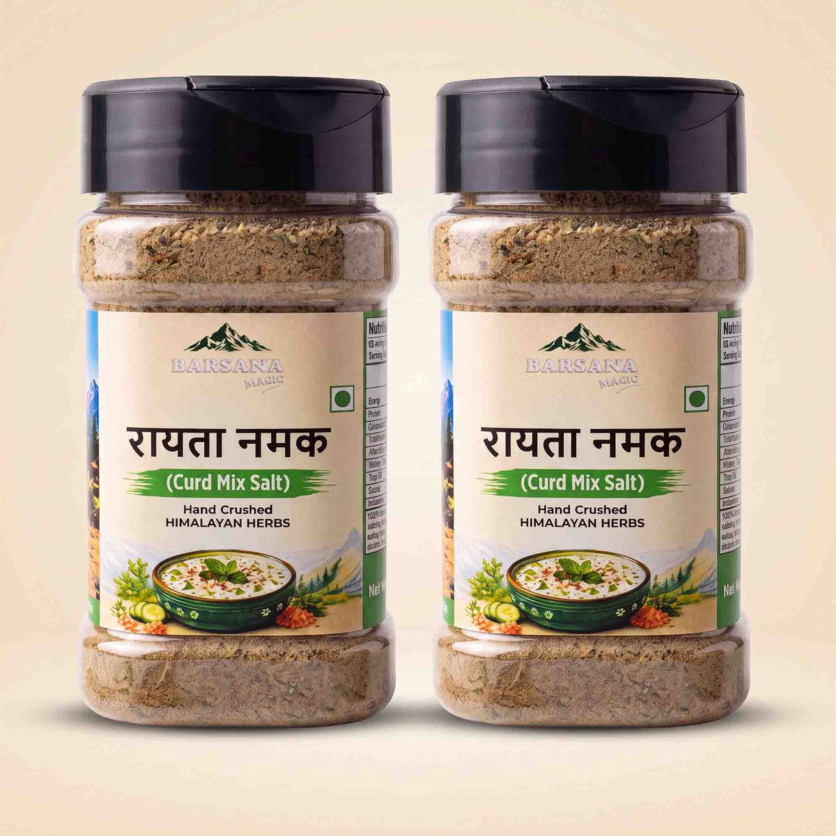 Barsana Magic and Two jars of Barsara Valley Rayata Namak (Curd Mix Salt) hand crushed Himalayan herbs, displayed side-by-side on a light beige background.