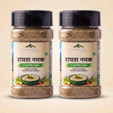 Barsana Magic and Two jars of Barsara Valley Rayata Namak (Curd Mix Salt) hand crushed Himalayan herbs, displayed side-by-side on a light beige background.