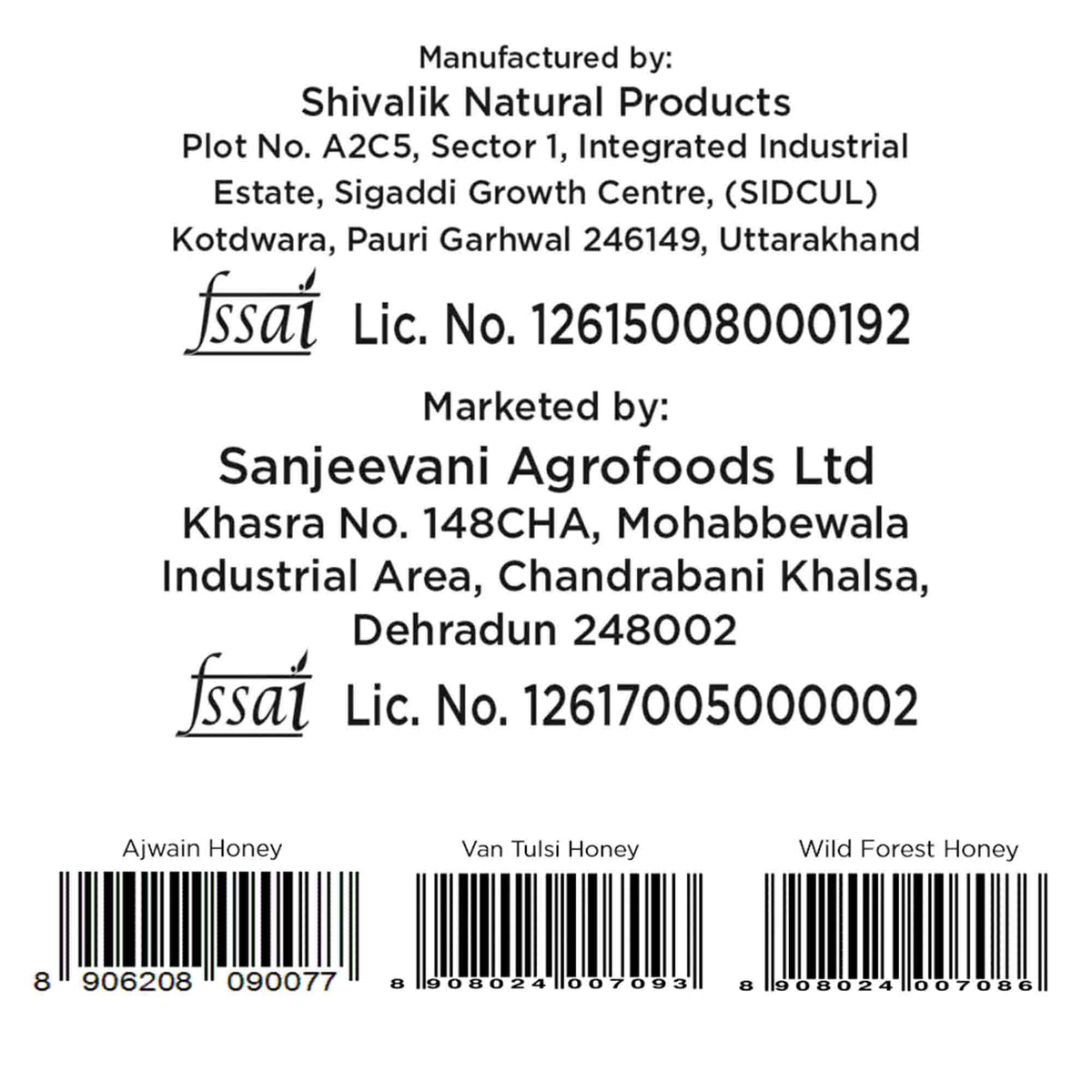 Barsana Magic and Product label with Shivalik Natural Products and Sanjeevani Agrofoods Ltd information, including barcodes for Ajwain Honey, Van Tulsi Honey, and Wild Forest Honey.