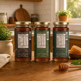 Barsana Magic and Three jars of honey with labels on a kitchen counter, surrounded by kitchen items.
