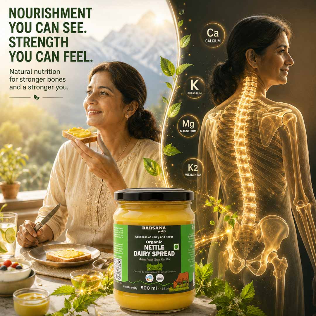 Barsana Magic and Nettle Dairy Spread jar with a woman eating and an x-ray of a骨骼系统
