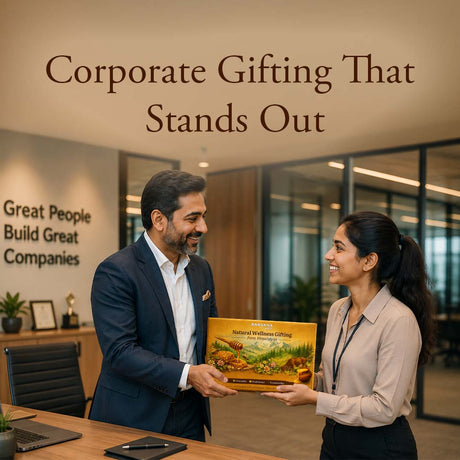 Barsana Magic and Two people in an office setting exchanging a gift box with text about corporate gifting.