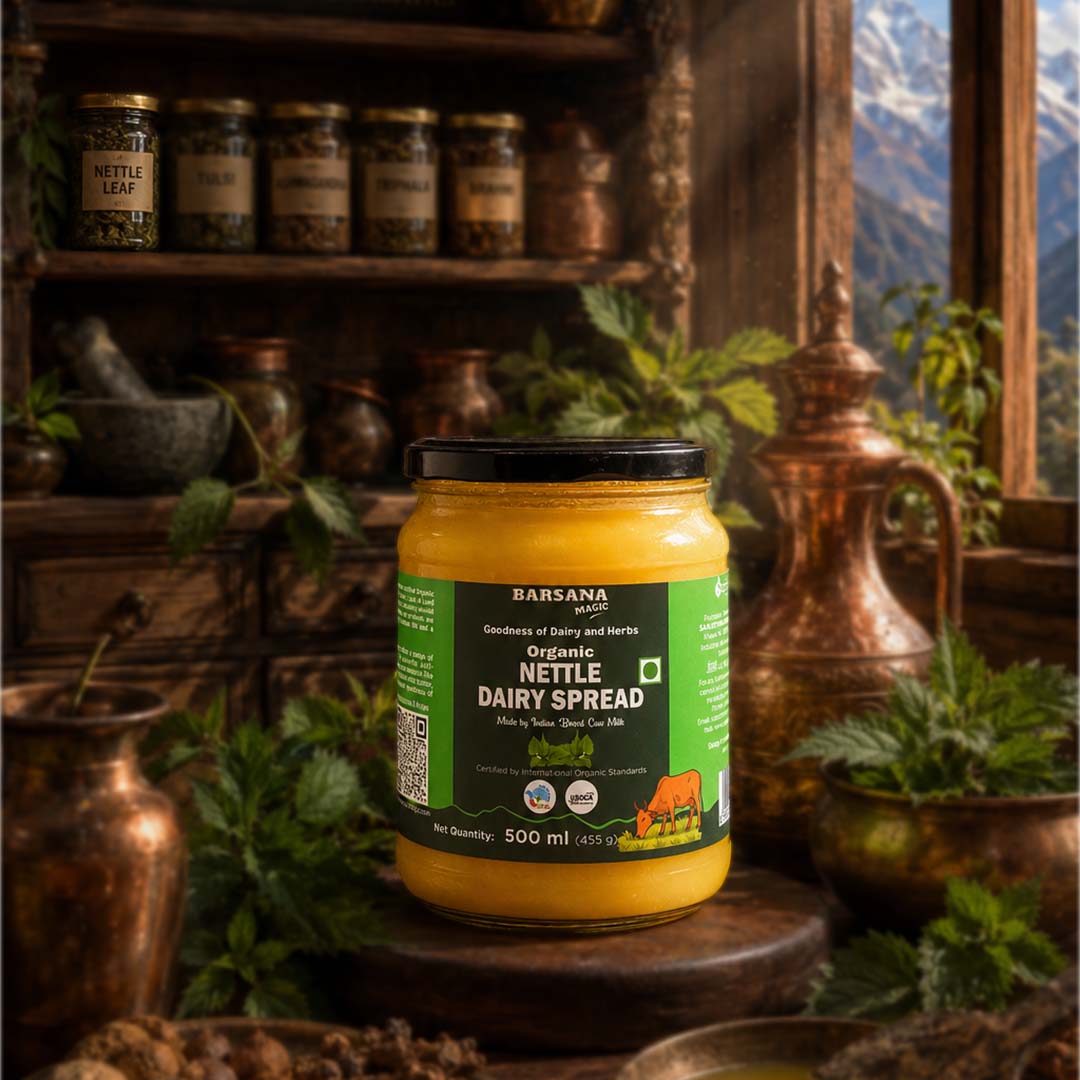Barsana Magic and Jar of Organic Nettle Dairy Spread with a mountainous background
