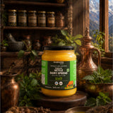 Barsana Magic and Jar of Organic Nettle Dairy Spread with a mountainous background
