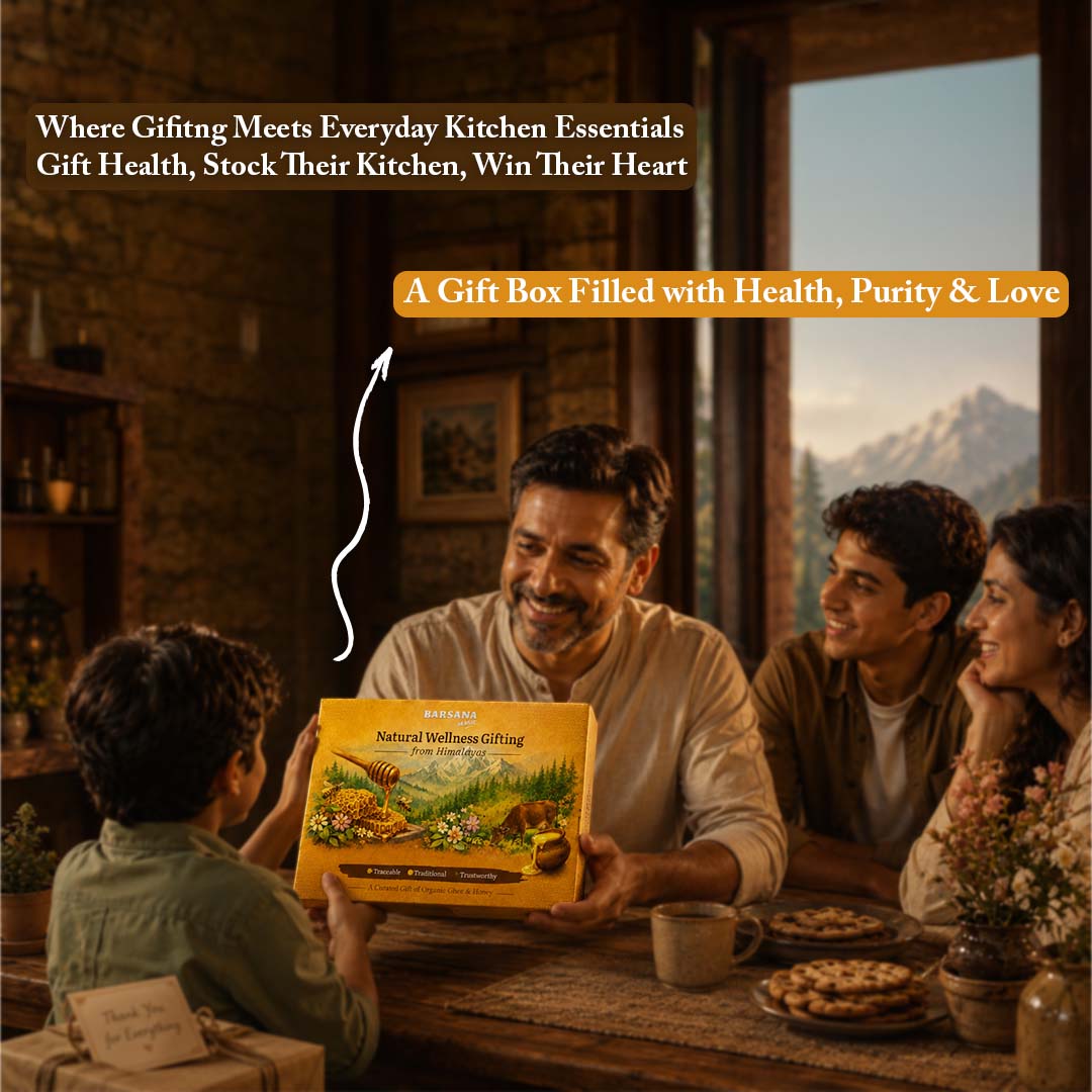 Barsana Magic and Family gathered around a table with a gift box, set against a mountainous landscape.