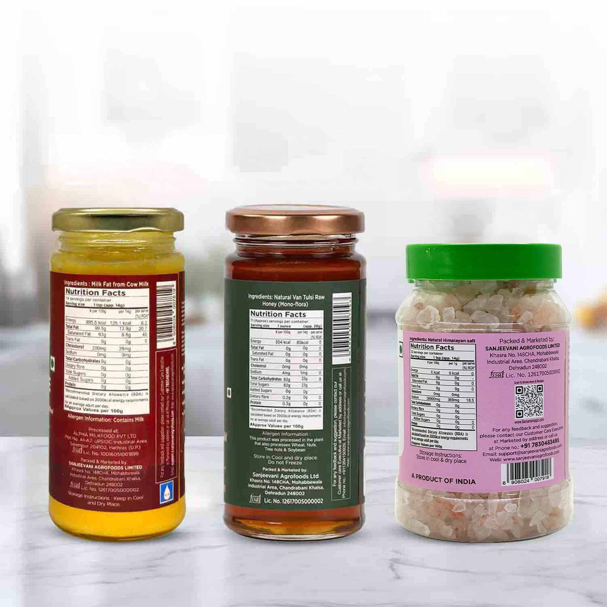 Barsana Magic and Three jars with labels showing nutrition facts on a light background