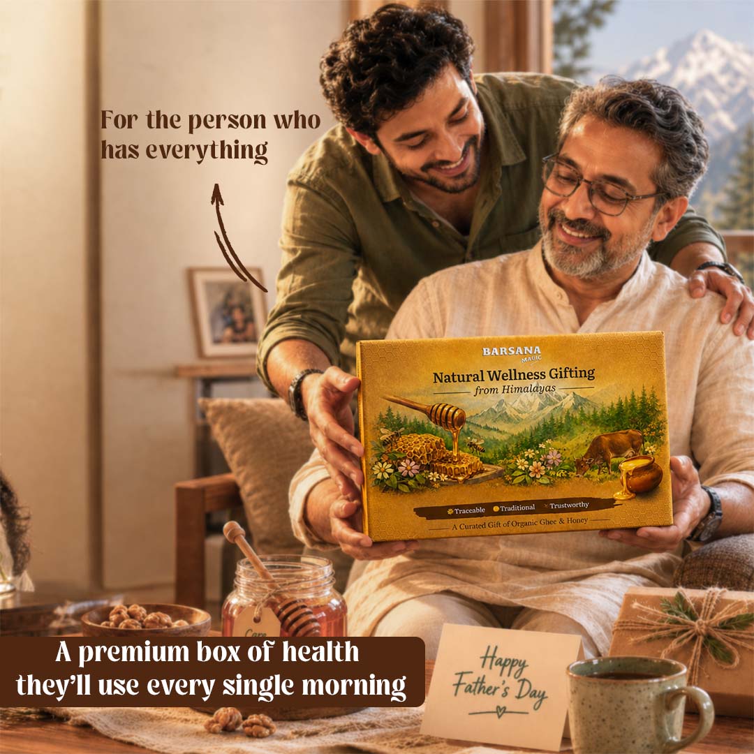Barsana Magic and Two men looking at a HABASA natural wellness gifting box with a scenic design, surrounded by a cozy indoor setting.