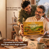 Barsana Magic and Two men looking at a HABASA natural wellness gifting box with a scenic design, surrounded by a cozy indoor setting.