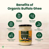 Barsana Magic and  Jar of organic buffalo ghee with benefits listed on a beige background