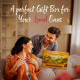 Barsana Magic and Man and woman sitting on a couch with a gift box labeled 'Bareana Natural Wellness Gifting' in a cozy indoor setting.