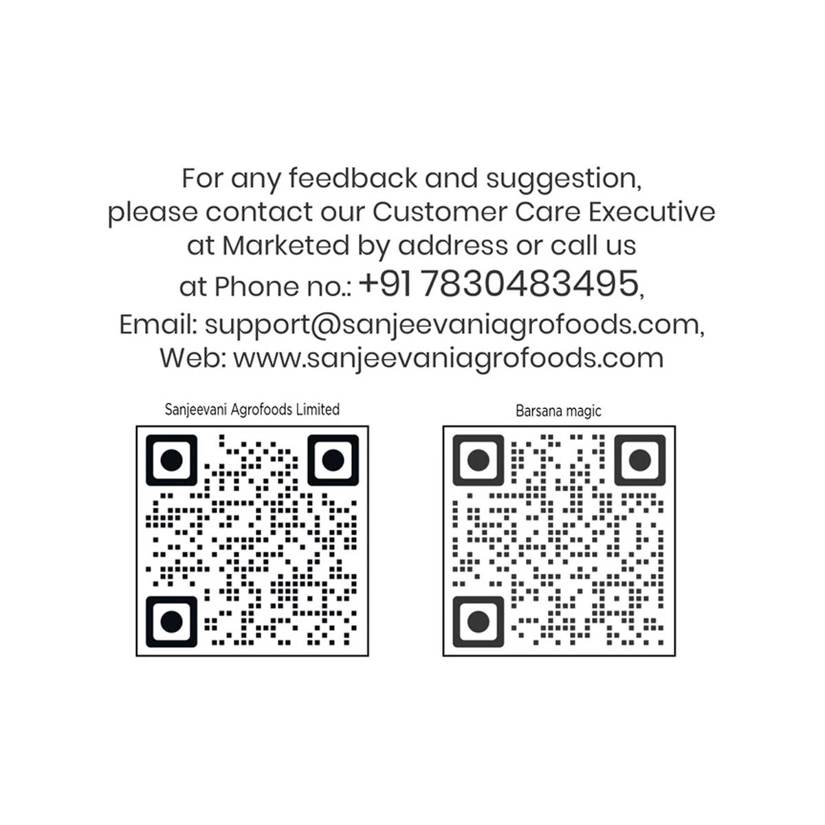 Barsana Magic and Contact information for Sanjeevani Agrofoods Limited with QR codes on a white background