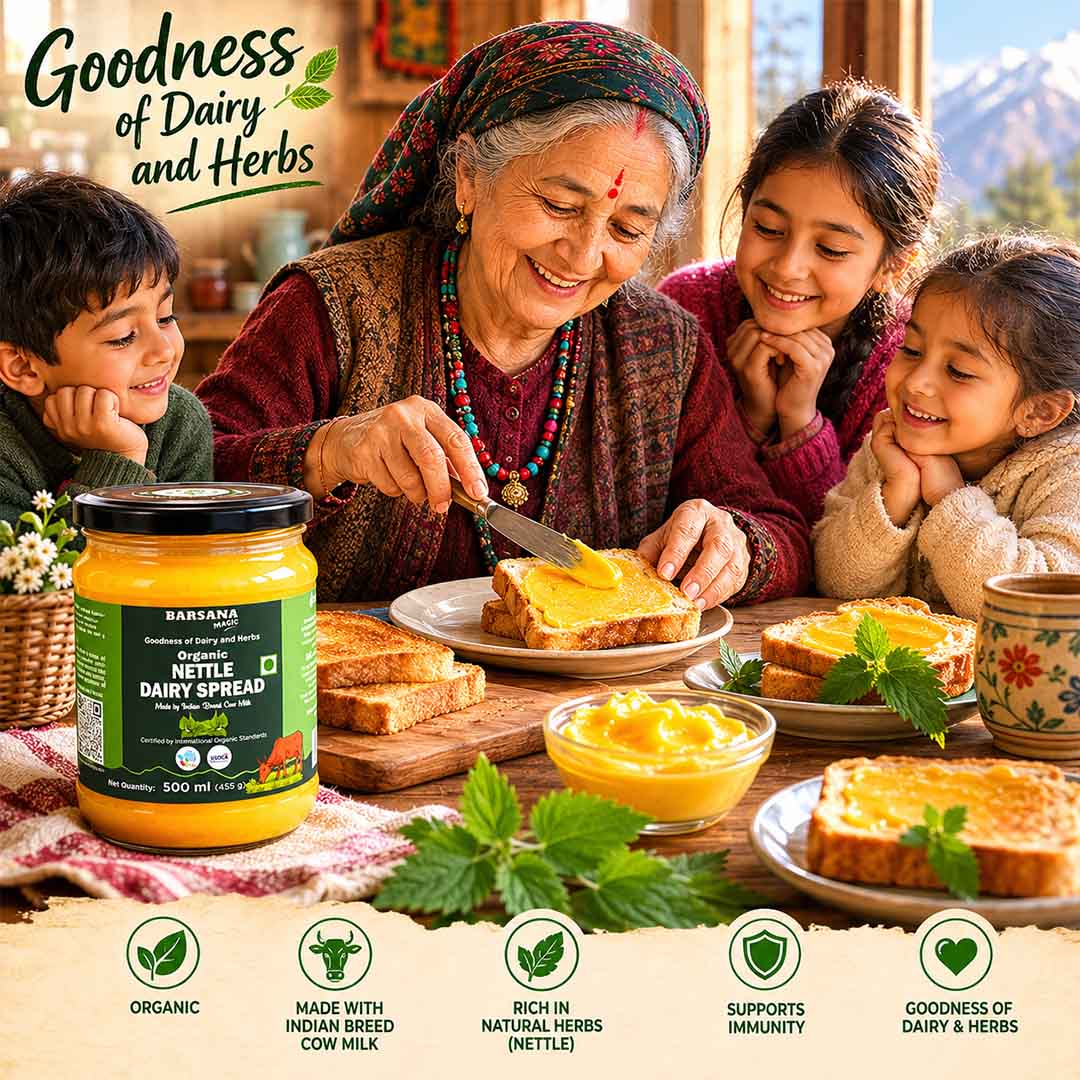 Barsana Magic and Grandmother and children enjoying a meal with Nettle Dairy Spread, surrounded by mountains.