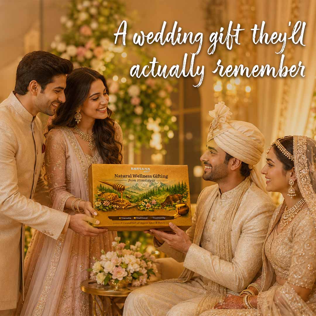 Barsana Magic and Two couples exchanging a gift box labeled 'Natural Wellness Gifting' in a decorated indoor setting.