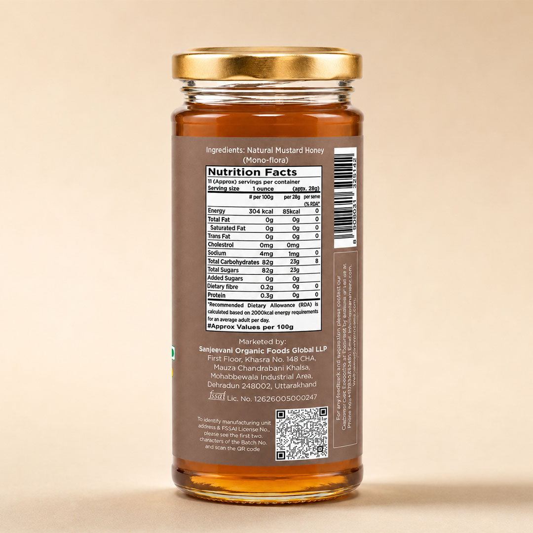 Barsana Magic and A glass jar of honey shown from the back, featuring a gold metal lid, a brown label with a visible Nutrition Facts panel, and a barcode. The honey inside is golden amber, and the background is a solid, warm beige.